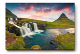 Sinus Art Wandbild 120x80cm Spektakuläres Zusammenspiel von Wasserfall, Berg und Himmel in Island