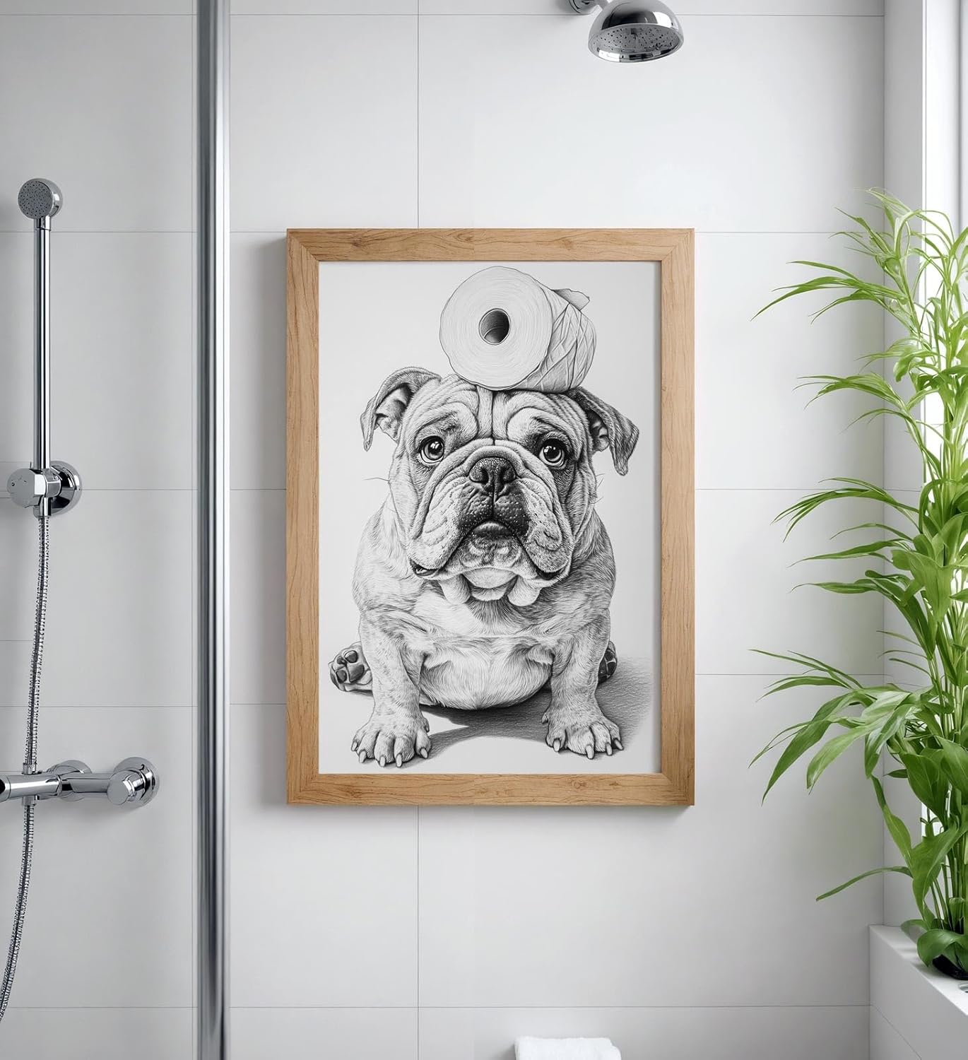 Paul Sinus Poster/Leinwandbild/Rahmenoption – Bulldogge mit Klopapier – Witzige WC-Deko für dein Badezimmer