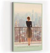 Paul Sinus Wandbild in 40x60cm Sunlight in Manhattan – Frau auf Balkon mit Blick auf Empire State Building, sonnendurchflutetes Stadtmotiv