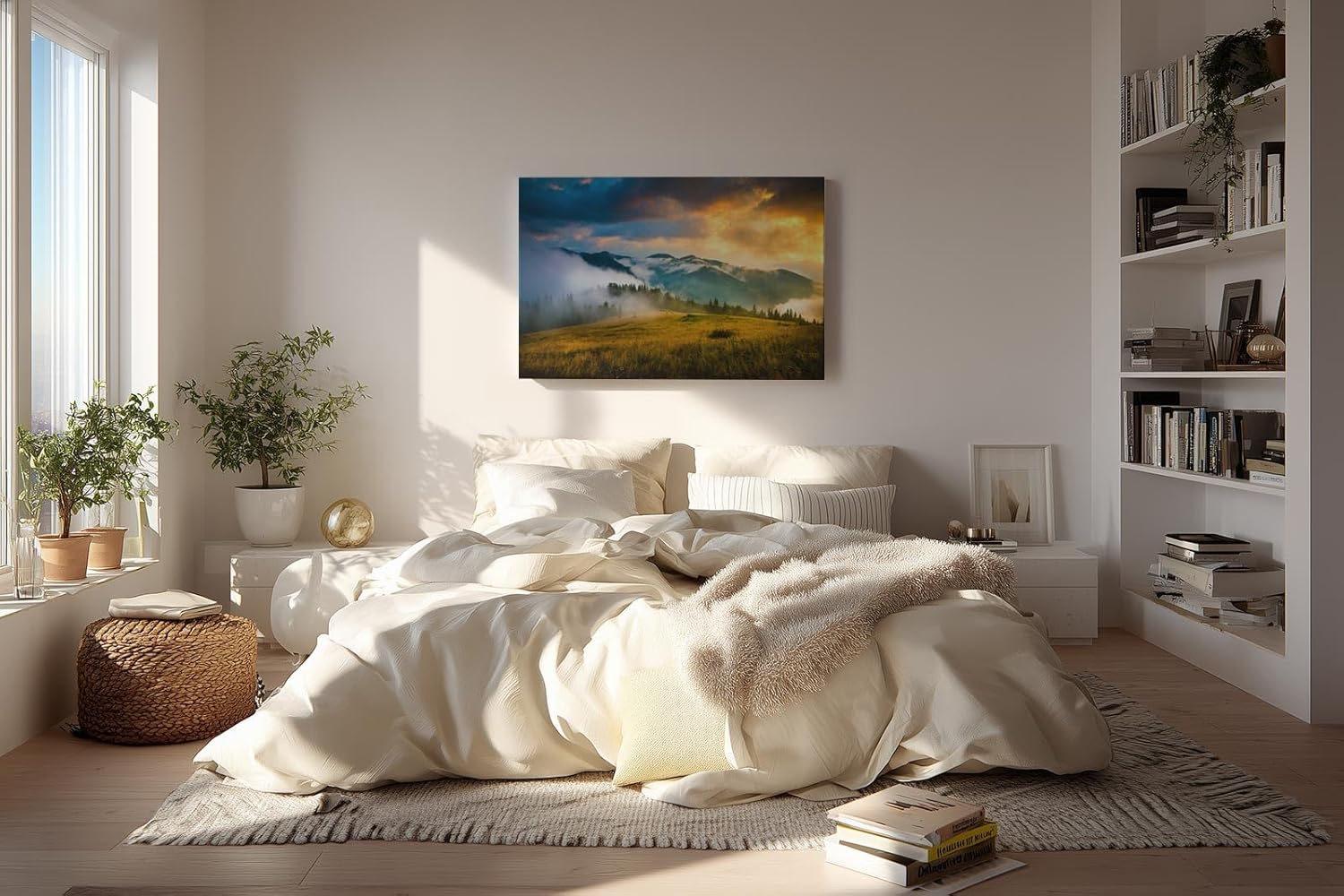 Sinus Art Wandbild 120x80cm Faszinierende Gebirgsszene im Nebel mit dramatischem Sonnenlicht für eindrucksvolle Raumwirkung