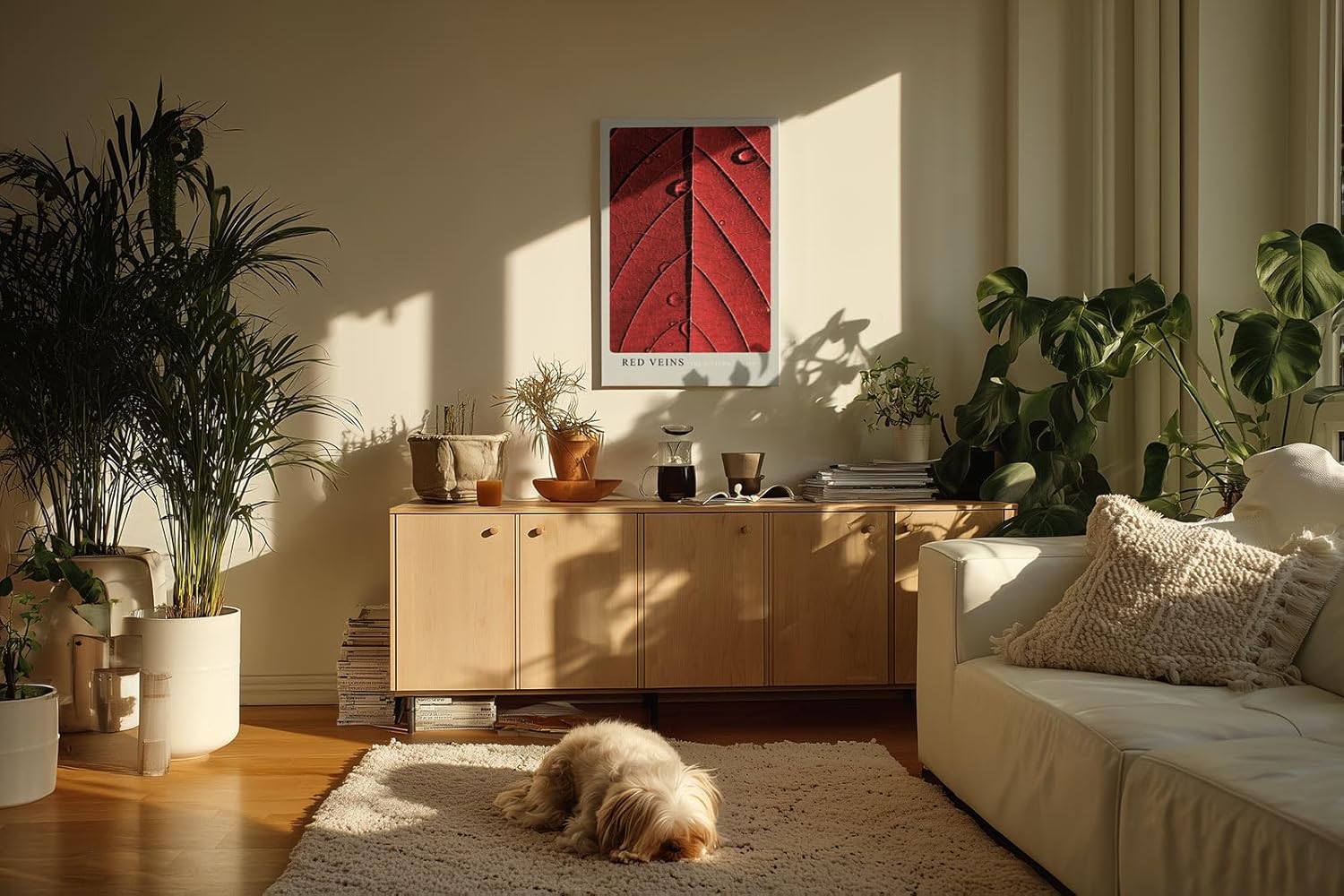 Paul Sinus Kunstdruck 40x60cm Red Veins – Makroaufnahme eines roten Blattes mit strukturierten Adern und Wassertropfen