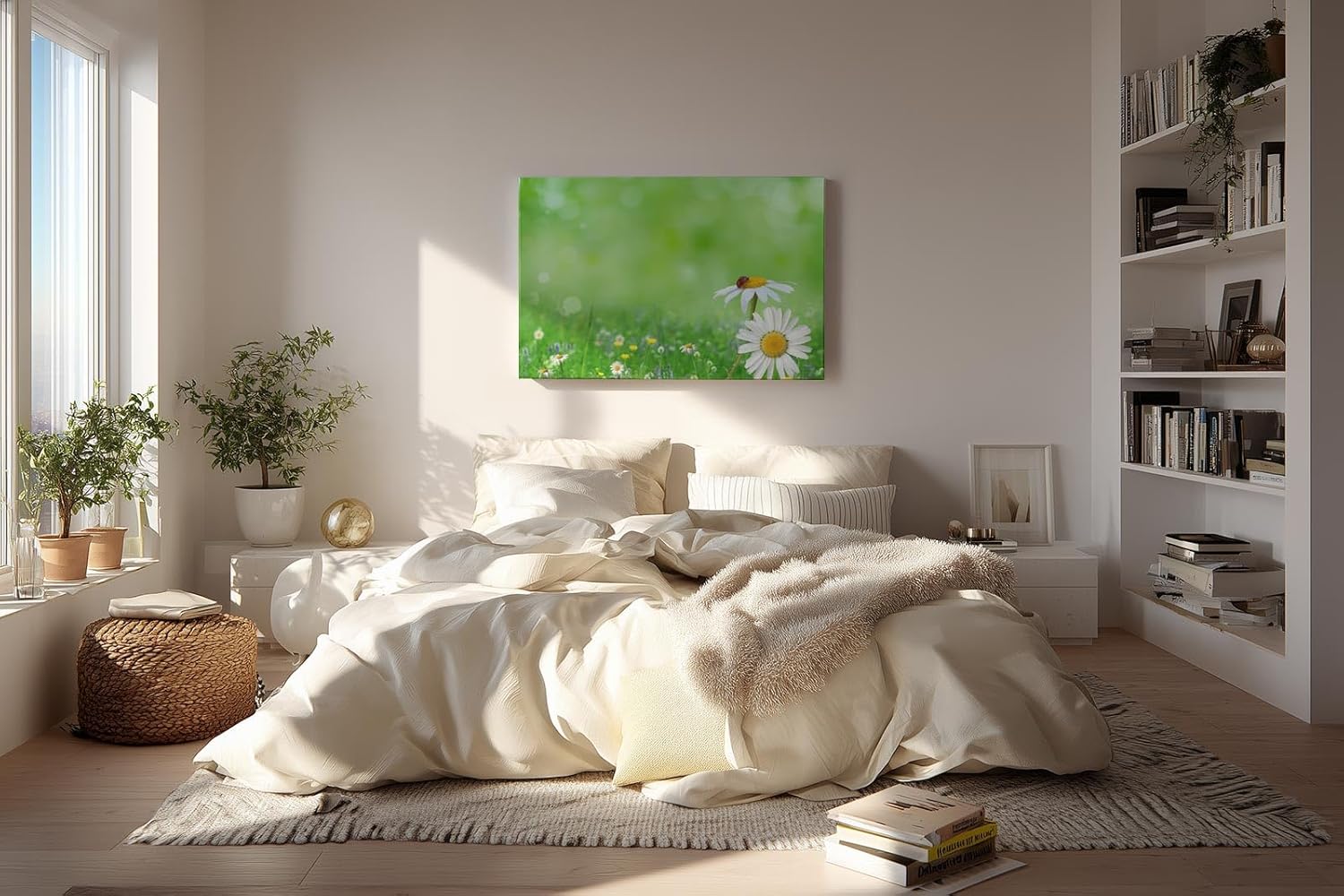 Sinus Art Wandbild 120x80cm Nahaufnahme mit Gänseblümchen und Marienkäfer auf unscharfem Frühlingshintergrund