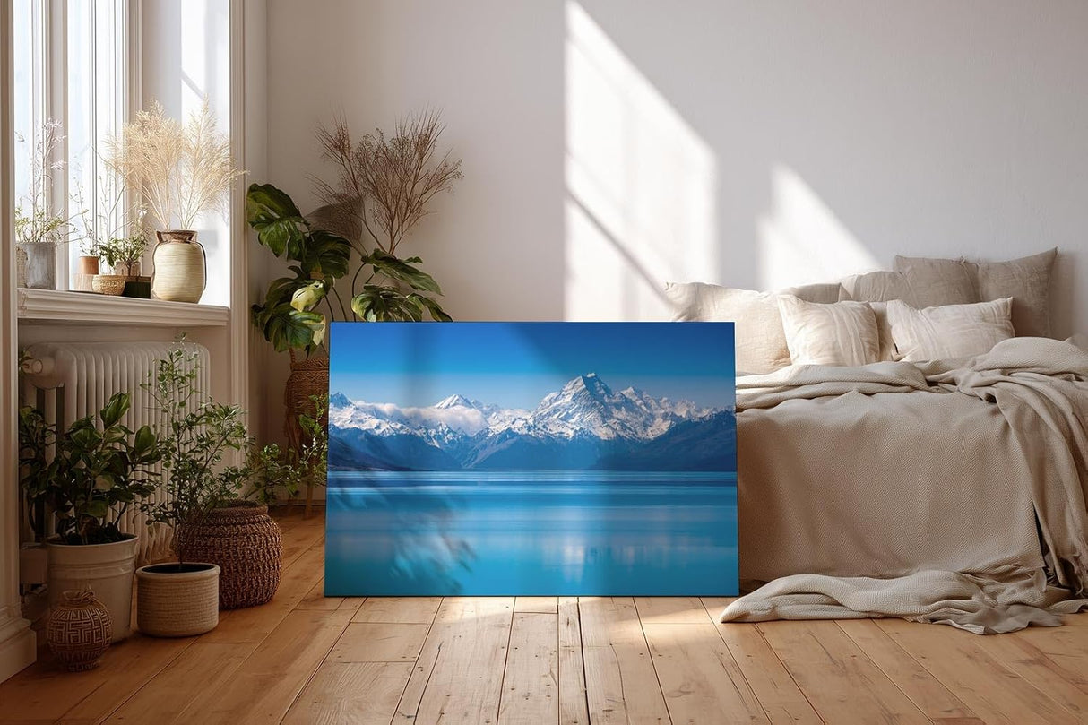 Sinus Art Wandbild 120x80cm Stimmungsvolle Alpenlandschaft mit ruhiger Wasserfläche und majestätischen Gipfeln