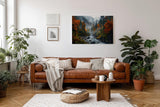 Sinus Art Wandbild 120x80cm Stimmungsvolles Naturmotiv mit fließendem Bach im nebelverhangenen Herbstwald – lebendig und tiefgründig