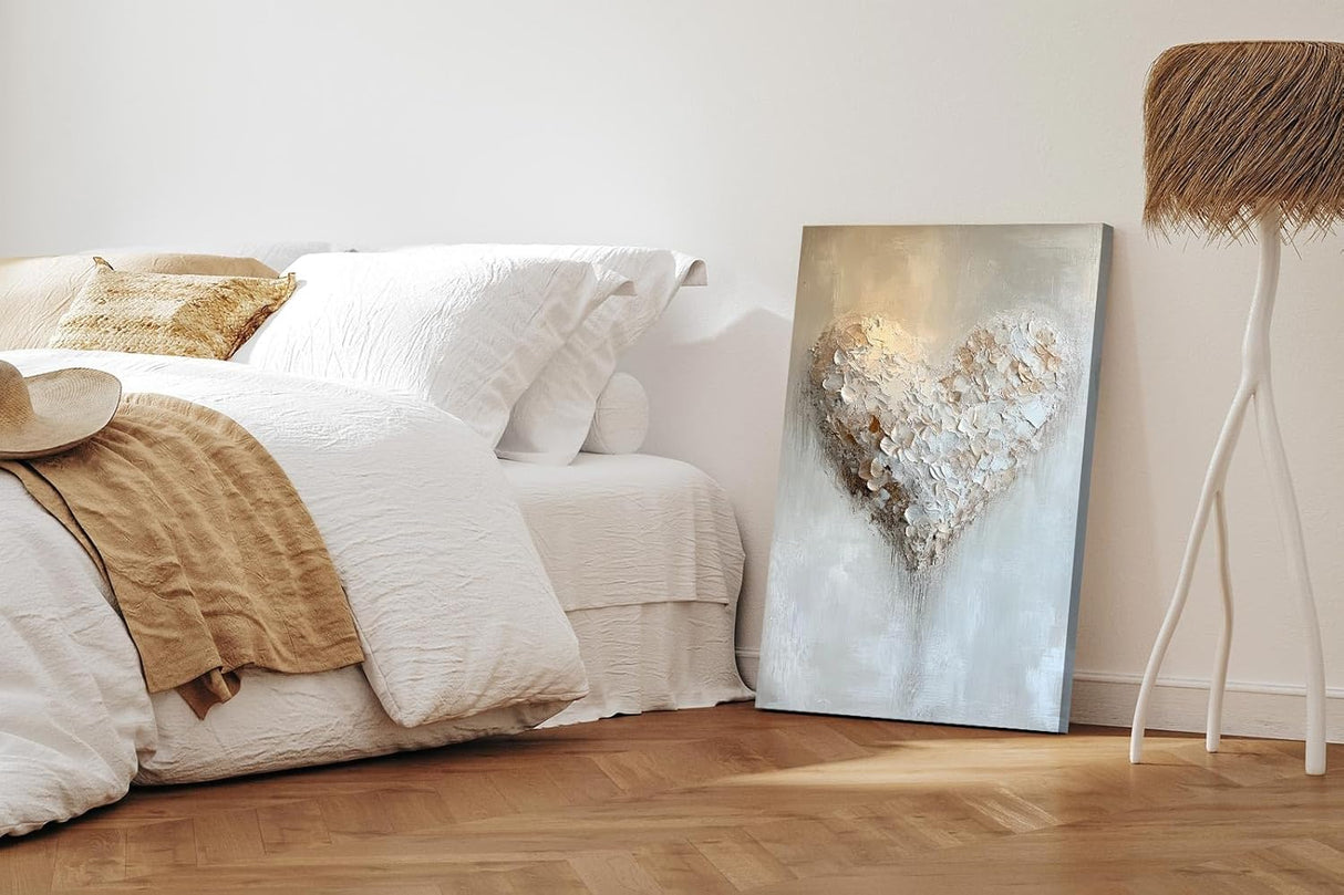 Paul Sinus 60x90cm Wandbild Herzstruktur in Weiß Beige – Ausdrucksstarke Textur mit floraler Tiefe Blume