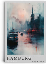Paul Sinus Leinwandbild 80x120cm Hamburg Misty Evenings – Atmosphärische Hafenszene mit nebligem Elbufer, beleuchteten Gebäuden, Schiffe