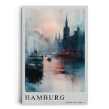 Paul Sinus Leinwandbild 80x120cm Hamburg Misty Evenings – Atmosphärische Hafenszene mit nebligem Elbufer, beleuchteten Gebäuden, Schiffe