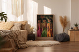 Paul Sinus Wandbild in 40x60cm Old Money Fashion – Elegante Damen in farbenfrohen Kleidern vor floralem Hintergrund, stilvolles Retro-Design für luxuriöse Wohnakzente