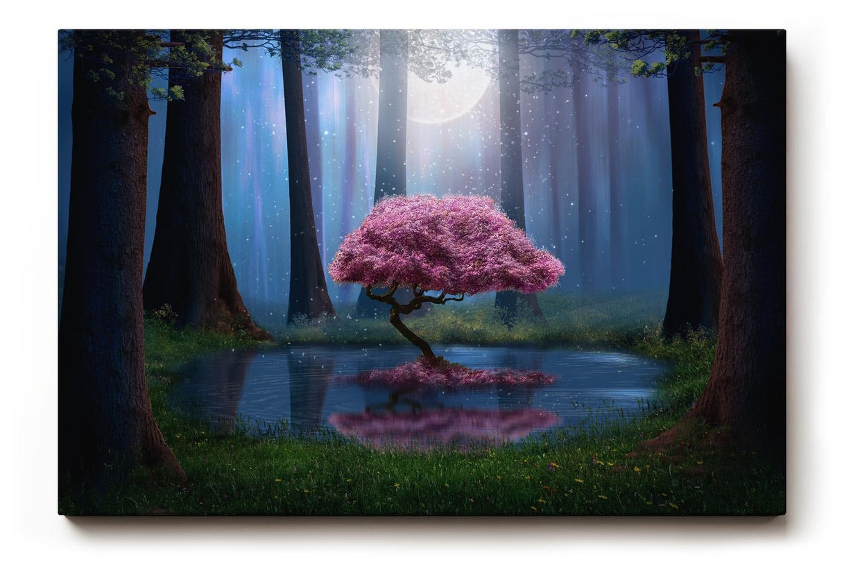 Sinus Art Wandbild 120x80cm Blühender Kirschbaum am Wasser im Mondlicht zwischen dunklen Bäumen für magische Wirkung