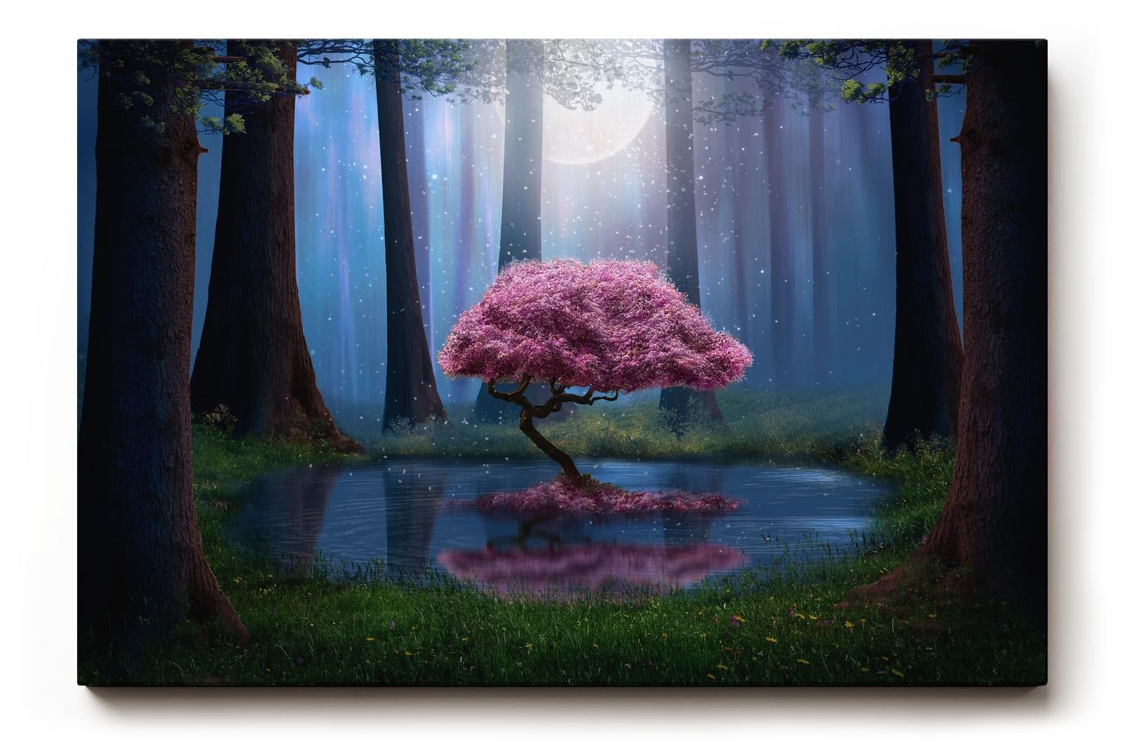 Sinus Art Wandbild 120x80cm Blühender Kirschbaum am Wasser im Mondlicht zwischen dunklen Bäumen für magische Wirkung
