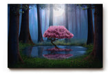 Sinus Art Wandbild 120x80cm Blühender Kirschbaum am Wasser im Mondlicht zwischen dunklen Bäumen für magische Wirkung