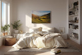 Sinus Art Wandbild 120x80cm Grüne Hügel unter strahlender Sonne mit leuchtenden Bäumen und weiter Perspektive