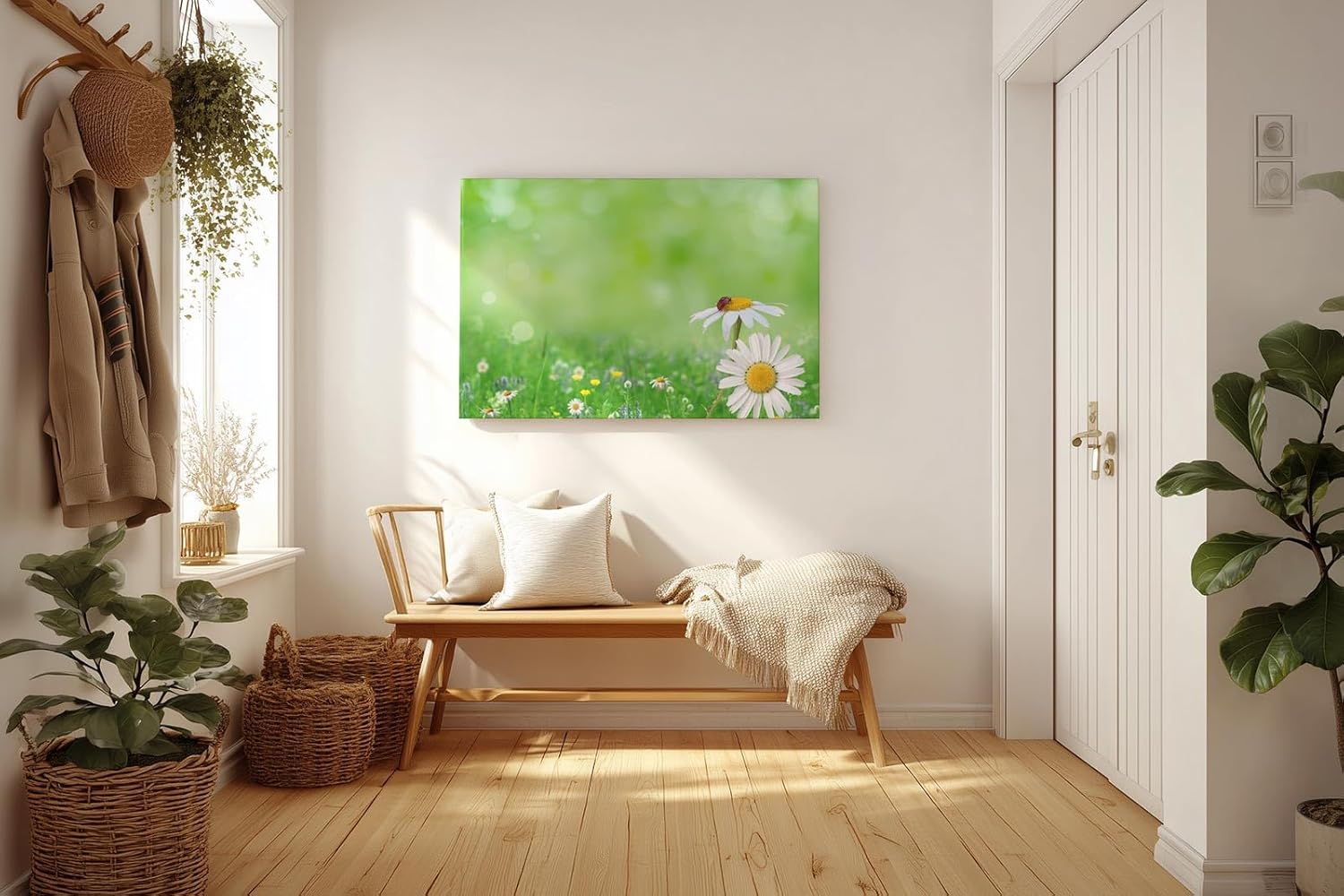 Sinus Art Wandbild 120x80cm Nahaufnahme mit Gänseblümchen und Marienkäfer auf unscharfem Frühlingshintergrund