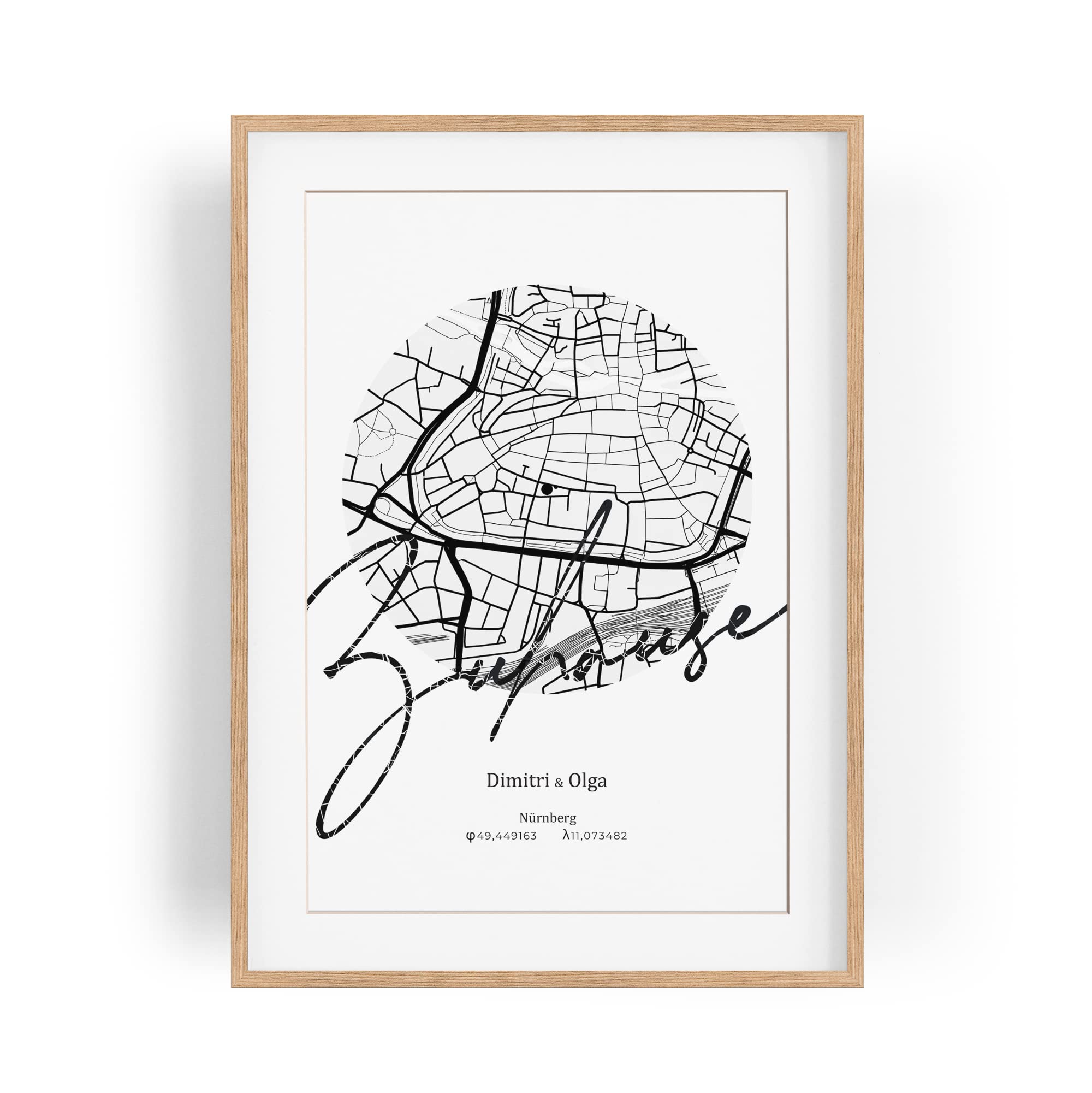 Paul Sinus Bilderrahmen personalisierter Stadtplan mit deinen GPS Koordinaten und Namen. 30cm x 42cm Holz Wechselrahmen mit Glas und Passepartout. Moderne Geschenkidee zum Geburtstag (ohne Rahmen)
