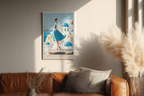 Paul Sinus Wandbild in 40x60cm A Walk in Santorini – Frau im blauen Kleid vor weißen Häusern und blauen Kuppeln, mediterrane Idylle