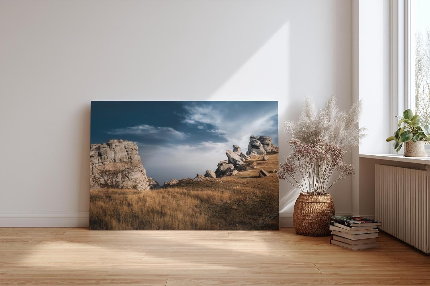 Sinus Art Wandbild 120x80cm Markante Felsformationen unter blauem Himmel in dramatischer Weite