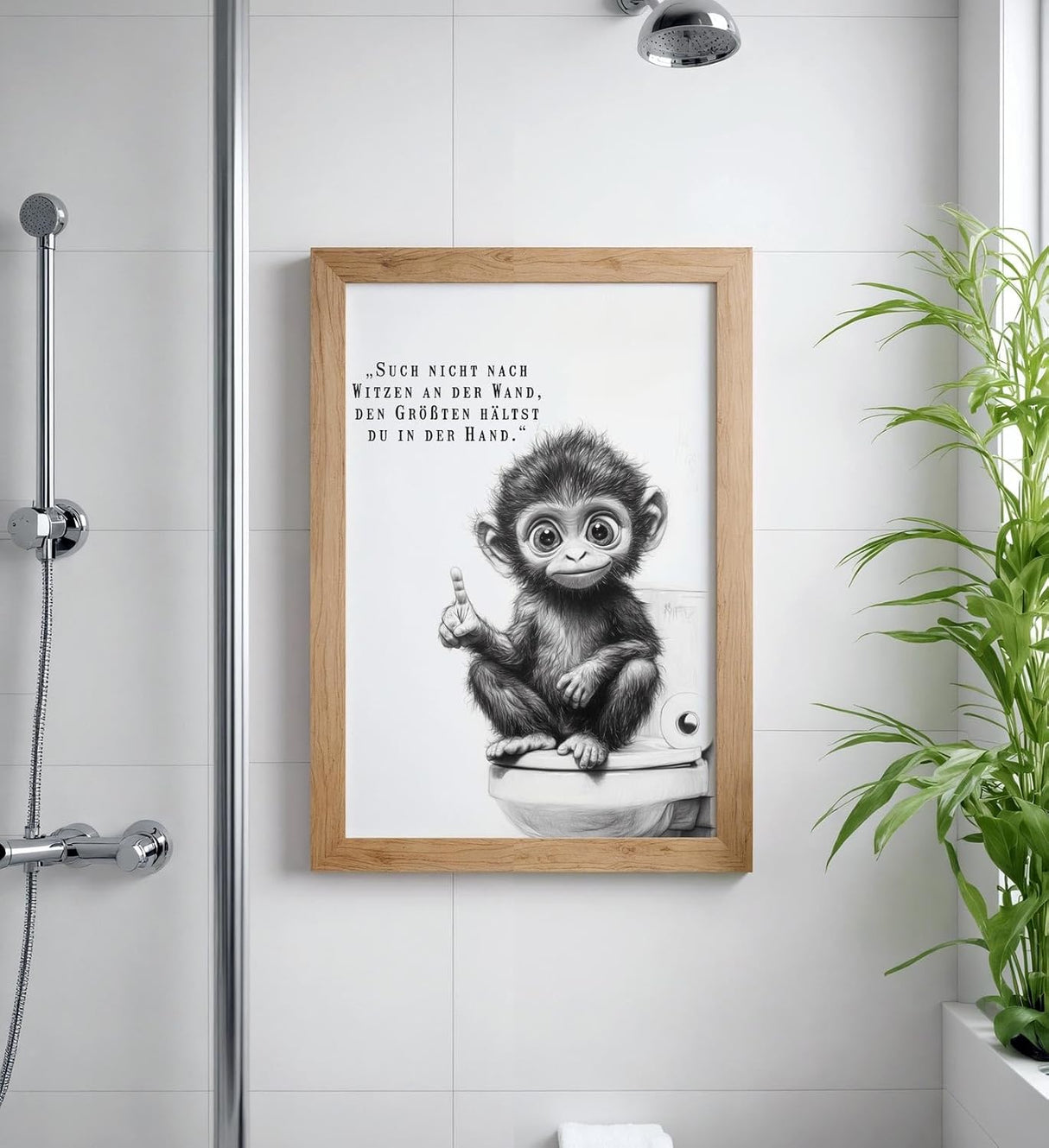 Paul Sinus Poster/Leinwandbild/Rahmenoption – Frecher Affe auf Toilette „Such nicht nach Witzen…“ – Lustige WC-Deko für dein Badezimmer