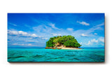 Sinus Art Wandbild 120x80cm Kleine tropische Insel mit Palmen und weißem Strand im türkisfarbenen Wasser