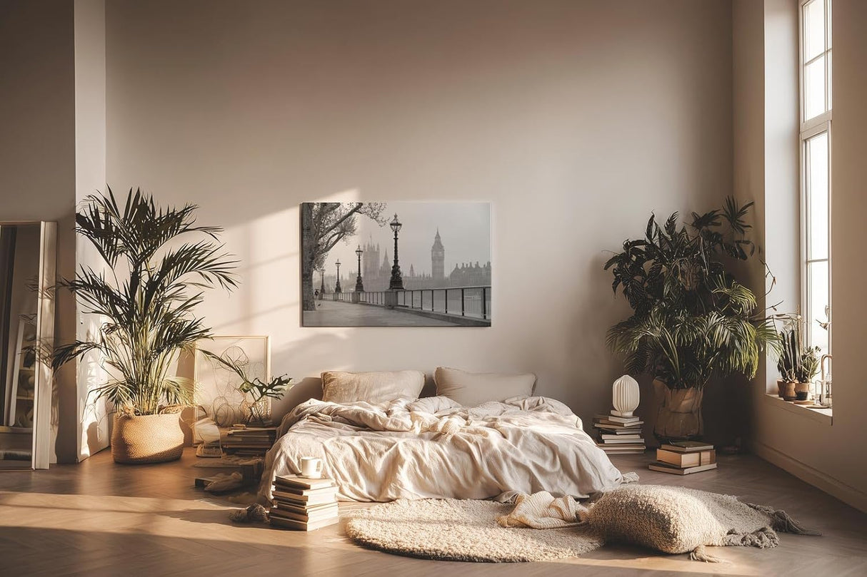 Sinus Art Wandbild 120x80cm Klassische London-Szene mit Laternenreihe und ikonischer Silhouette – elegant und urban