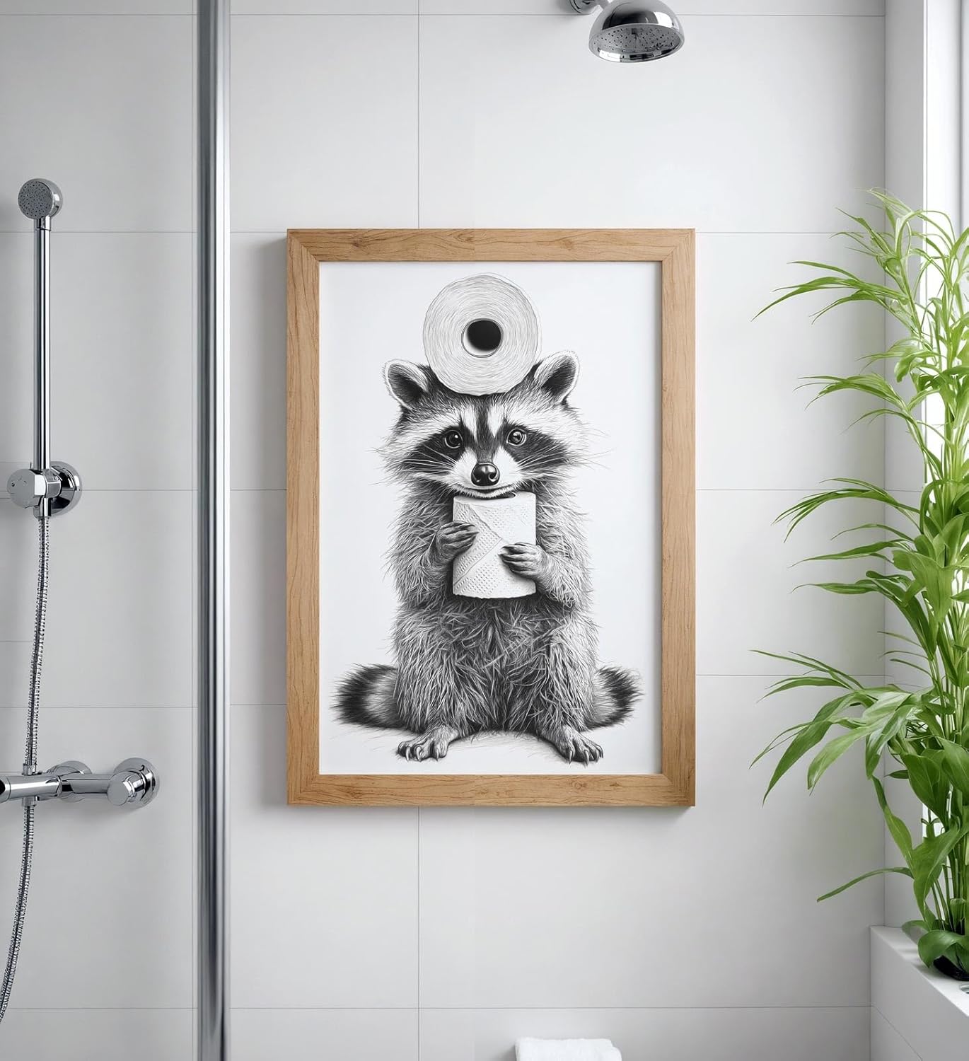 Paul Sinus Poster/Leinwandbild/Rahmenoption – Waschbär mit Klopapier – Lustige WC-Deko für dein Badezimmer
