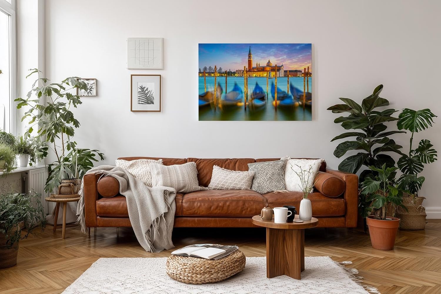 Sinus Art Wandbild 120x80cm Gondeln schaukeln vor San Giorgio Maggiore im warmen Licht der untergehenden Sonne