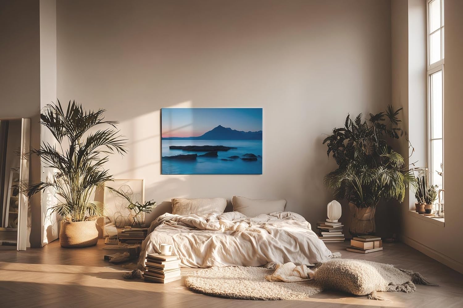 Sinus Art Wandbild 120x80cm Ruhige Bergsilhouette im Dämmerlicht mit glatter Wasseroberfläche in Blautönen