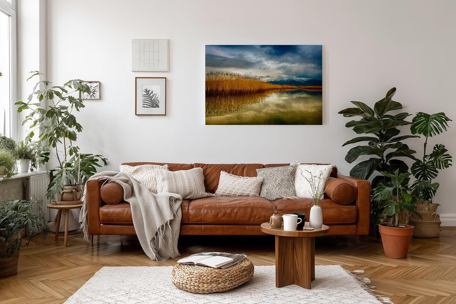 Sinus Art Wandbild 120x80cm Faszinierende Spiegelung von Schilf und Bergen in stillem Wasser – harmonisch und beruhigend