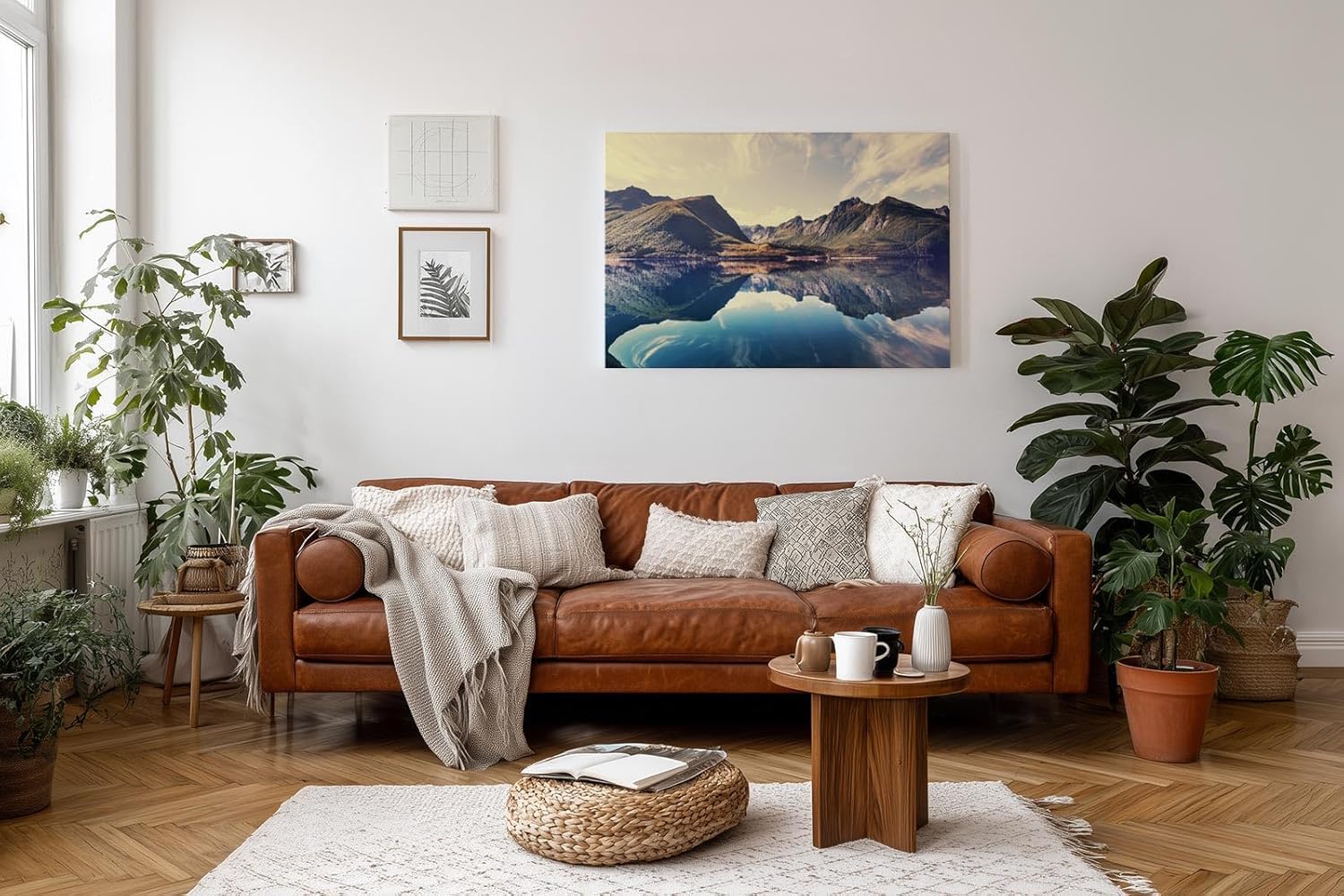 Sinus Art Wandbild 120x80cm Berge und Himmel spiegeln sich perfekt in einem ruhigen klaren See vor beeindruckender Kulisse