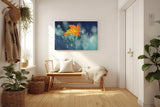 Sinus Art Wandbild 120x80cm Einzelnes orangefarbenes Ahornblatt im feuchten Gras mit Tautropfen und Lichtpunkten