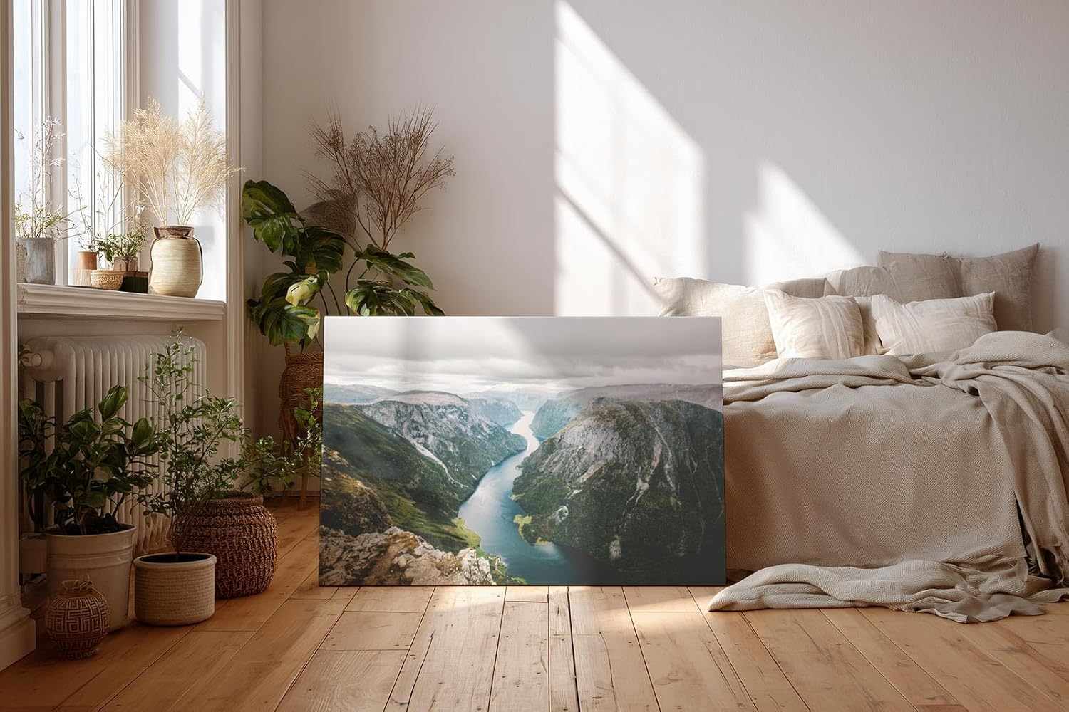 Sinus Art Wandbild 120x80cm Beeindruckende Aussicht auf schmalen Fjord zwischen steilen Felsen für imposante Raumwirkung
