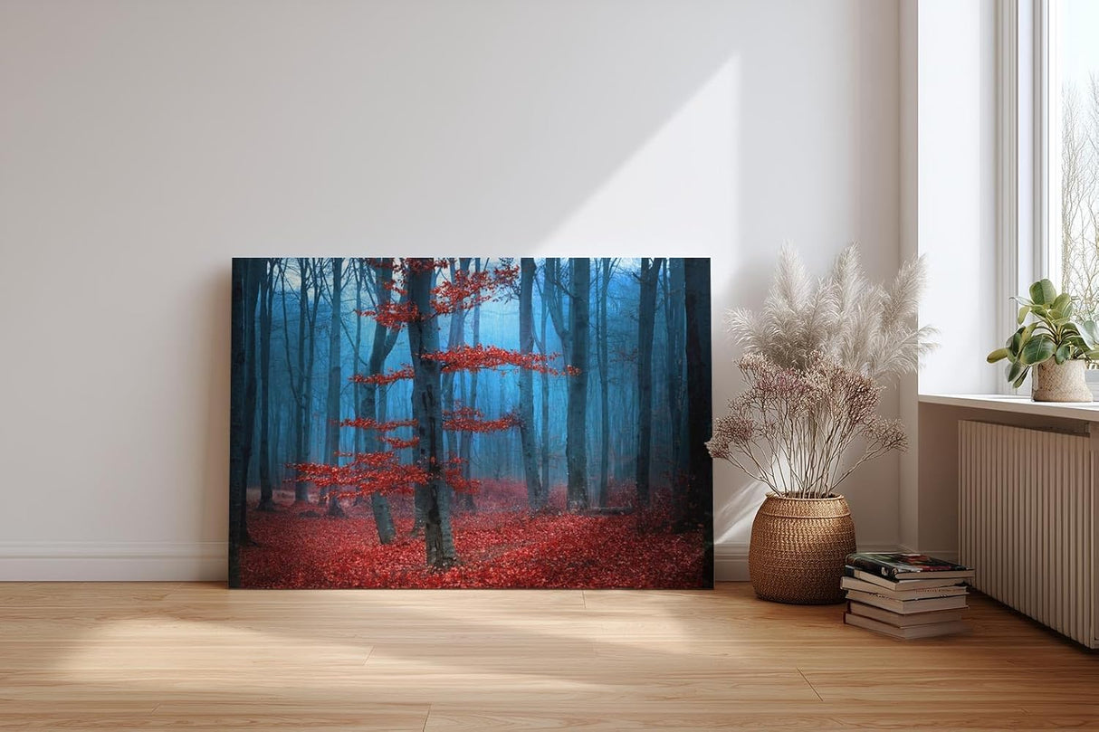Sinus Art Wandbild 120x80cm Roter Baum vor blauem Nebel – geheimnisvoll, künstlerisch und emotional wirkungsvoll