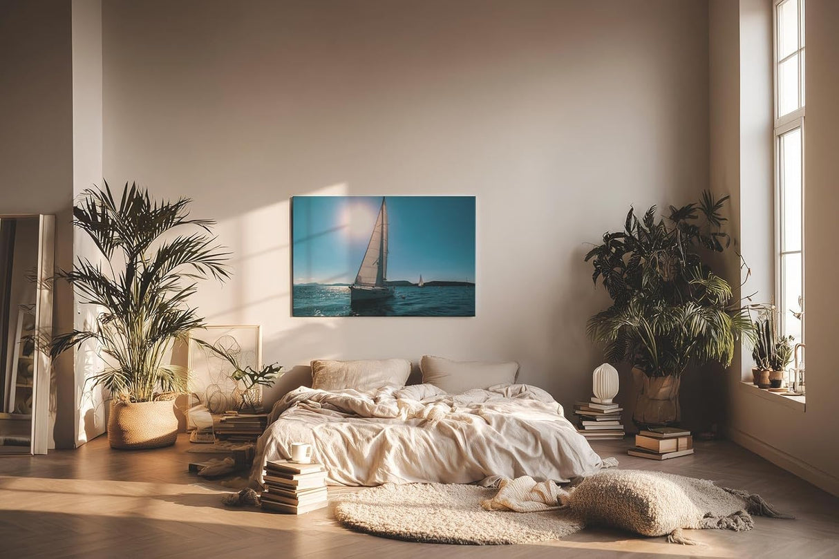 Sinus Art Wandbild 120x80cm Friedvolle Szene eines Segelboots unter blauem Himmel mit strahlendem Sonnenschein