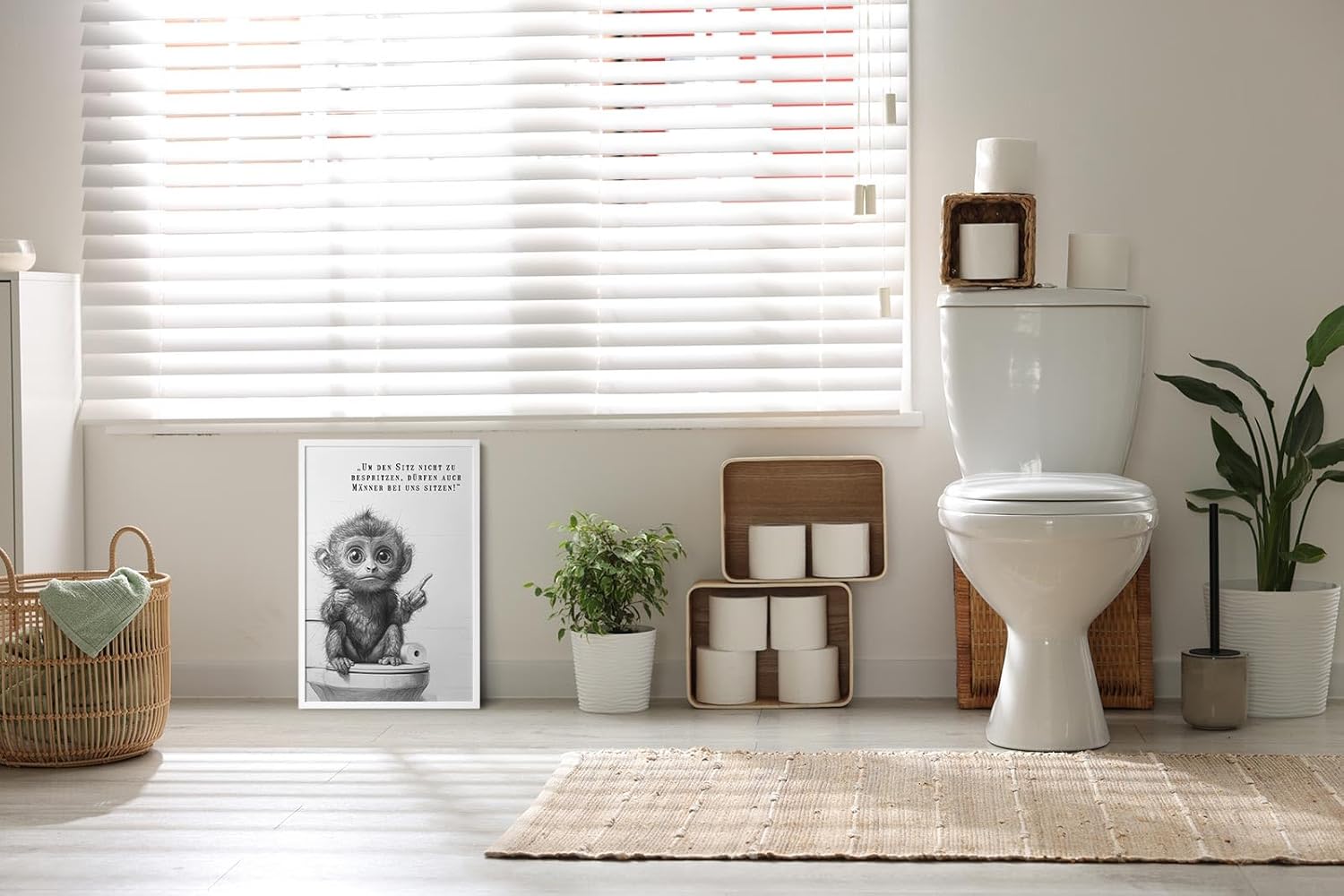 Paul Sinus Poster/Leinwandbild/Rahmenoption – Belehrender Affe auf Toilette „Männer dürfen sitzen!“ – Lustige WC-Deko für dein Badezimmer