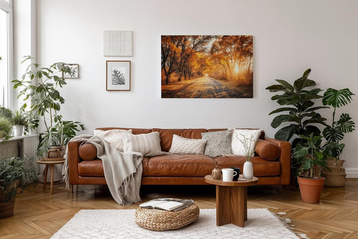 Sinus Art Wandbild 120x80cm Faszinierende Herbstallee mit goldenen Blättern und Lichtspiel in der Natur