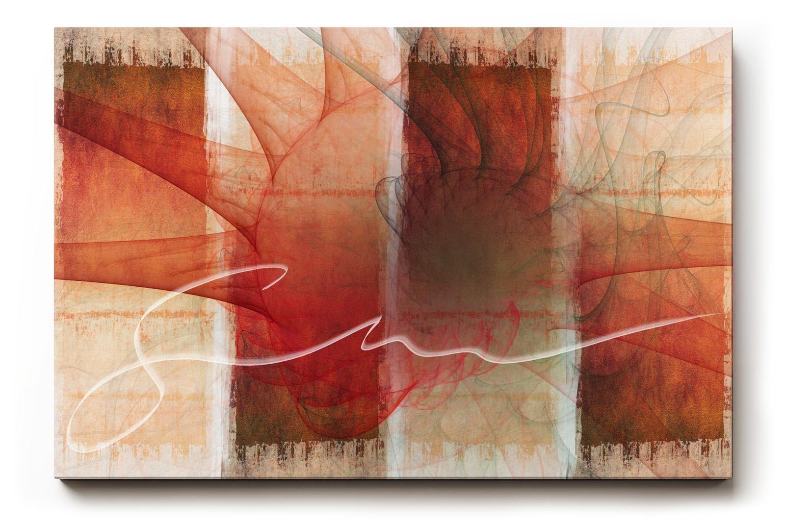 Sinus Art Wandbild 120x80cm Strahlenförmige Elemente in Rot und Weiß mit dynamischer Linie auf gemustertem Hintergrund