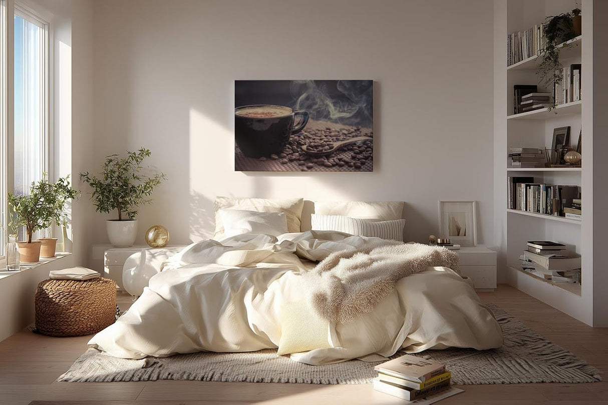 Sinus Art Wandbild 120x80cm Aromatische Darstellung mit dampfender Kaffeetasse und Kaffeebohnen weckt die Sinne und schafft gemütliche Stimmung