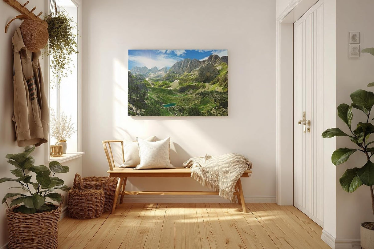 Sinus Art Wandbild 120x80cm Atemberaubendes Hochgebirgspanorama mit grünen Hängen und türkisfarbenem Bergsee im Tal