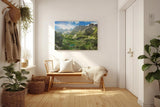 Sinus Art Wandbild 120x80cm Atemberaubendes Hochgebirgspanorama mit grünen Hängen und türkisfarbenem Bergsee im Tal
