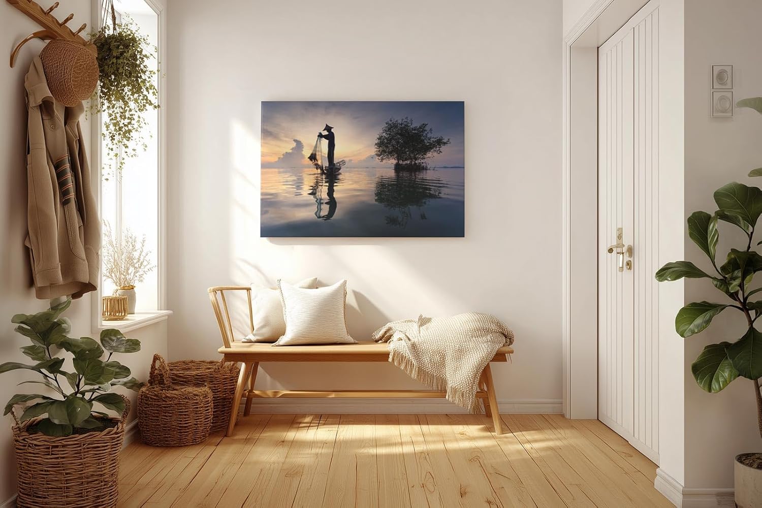 Sinus Art Wandbild 120x80cm Fischer mit Netz in traditioneller Kleidung – Symbol für Handwerk und Stille