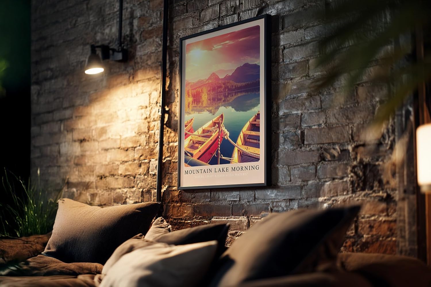 Paul Sinus Kunstdruck 40x60cm Mountain Lake Morning mit Booten und Sonnenaufgang am See