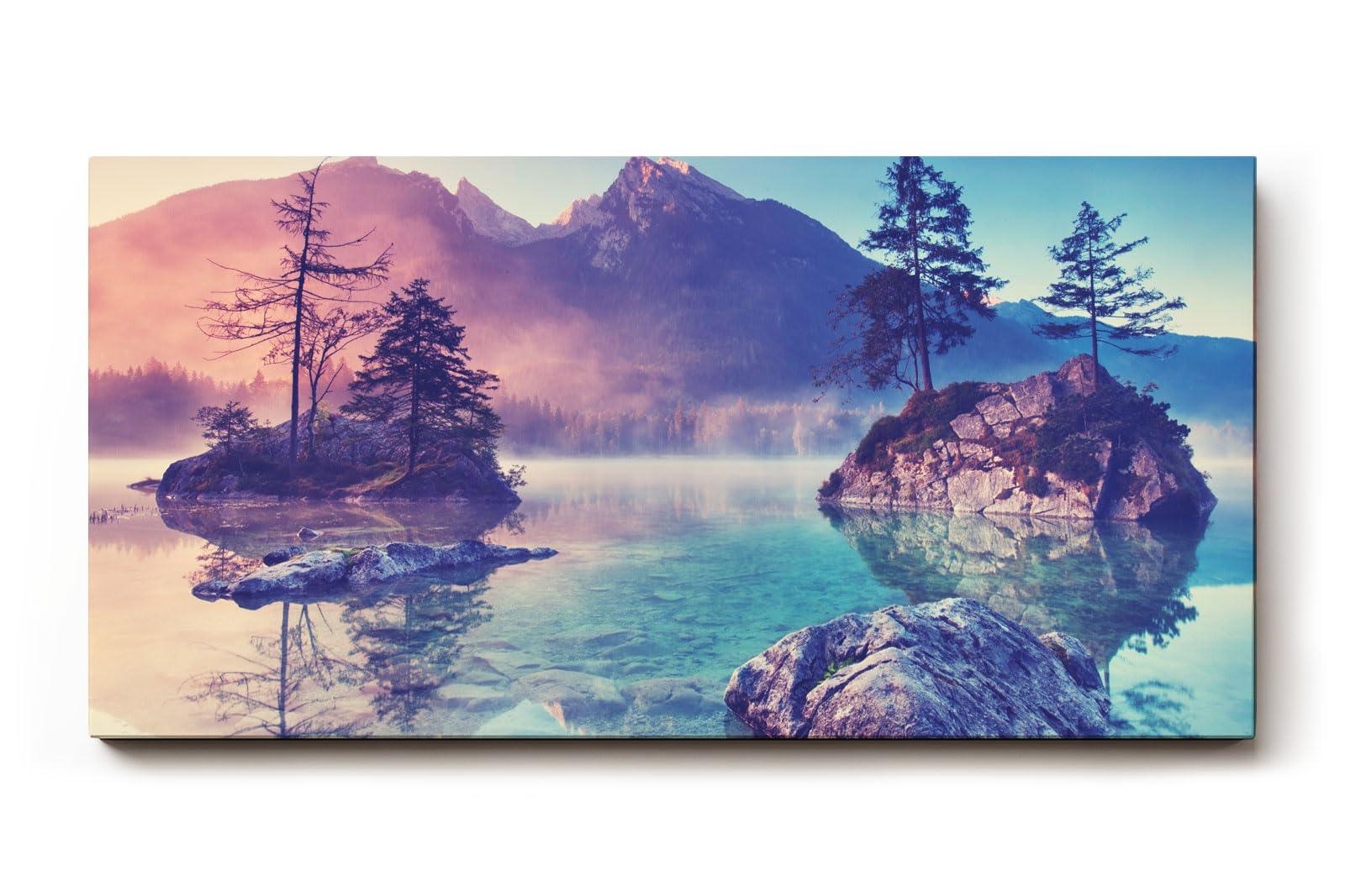 Sinus Art Wandbild 120x80cm Bergsee mit kleinen Inseln und sanfter Lichtstimmung – romantisch und naturverbunden