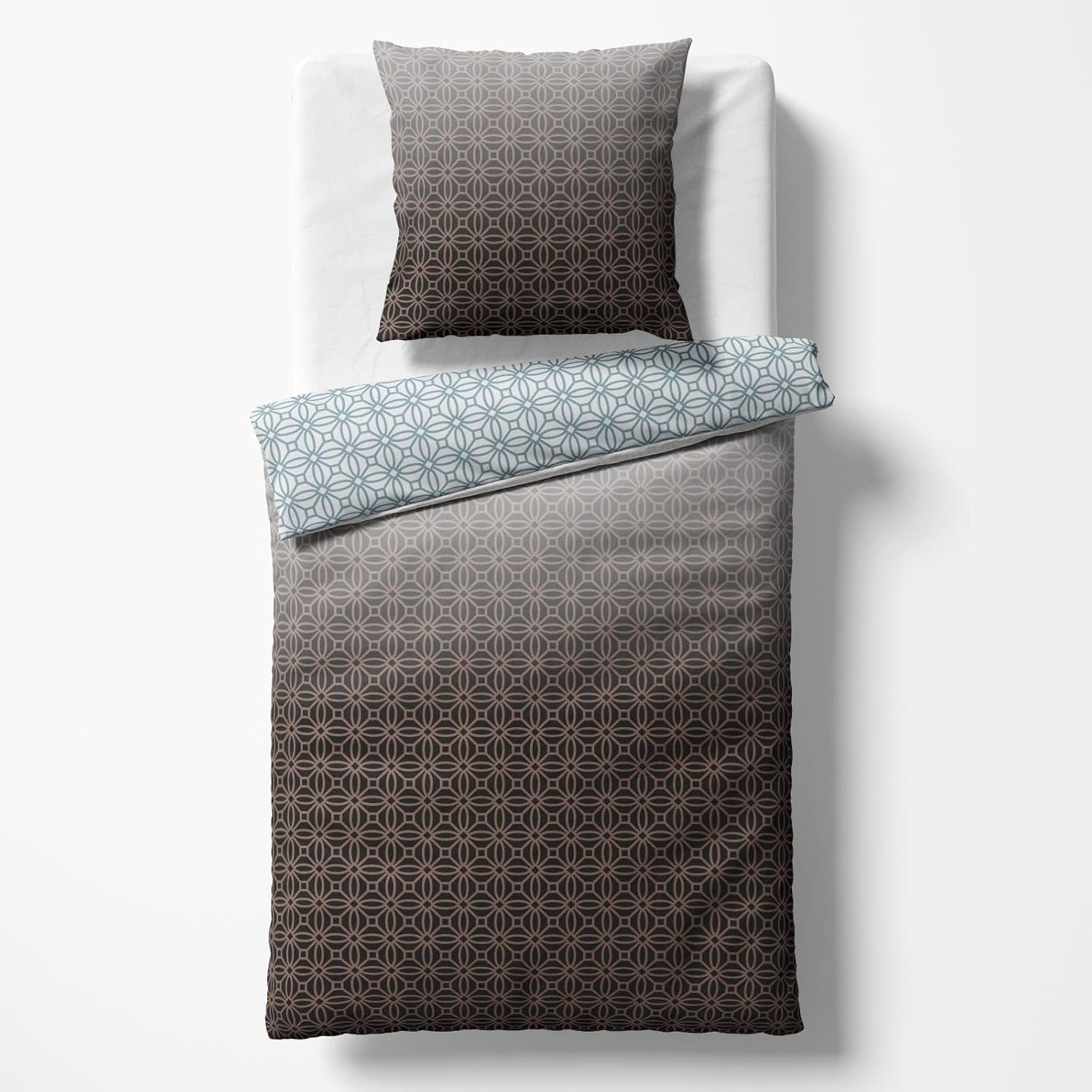 Sinus Art Mikrofaser Bettwäsche 135x200 cm + 80x80 cm – Elegantes Wendedesign mit Farbverlauf in Braun & Hellblau, florales Kreisornament, pflegeleicht & atmungsaktiv