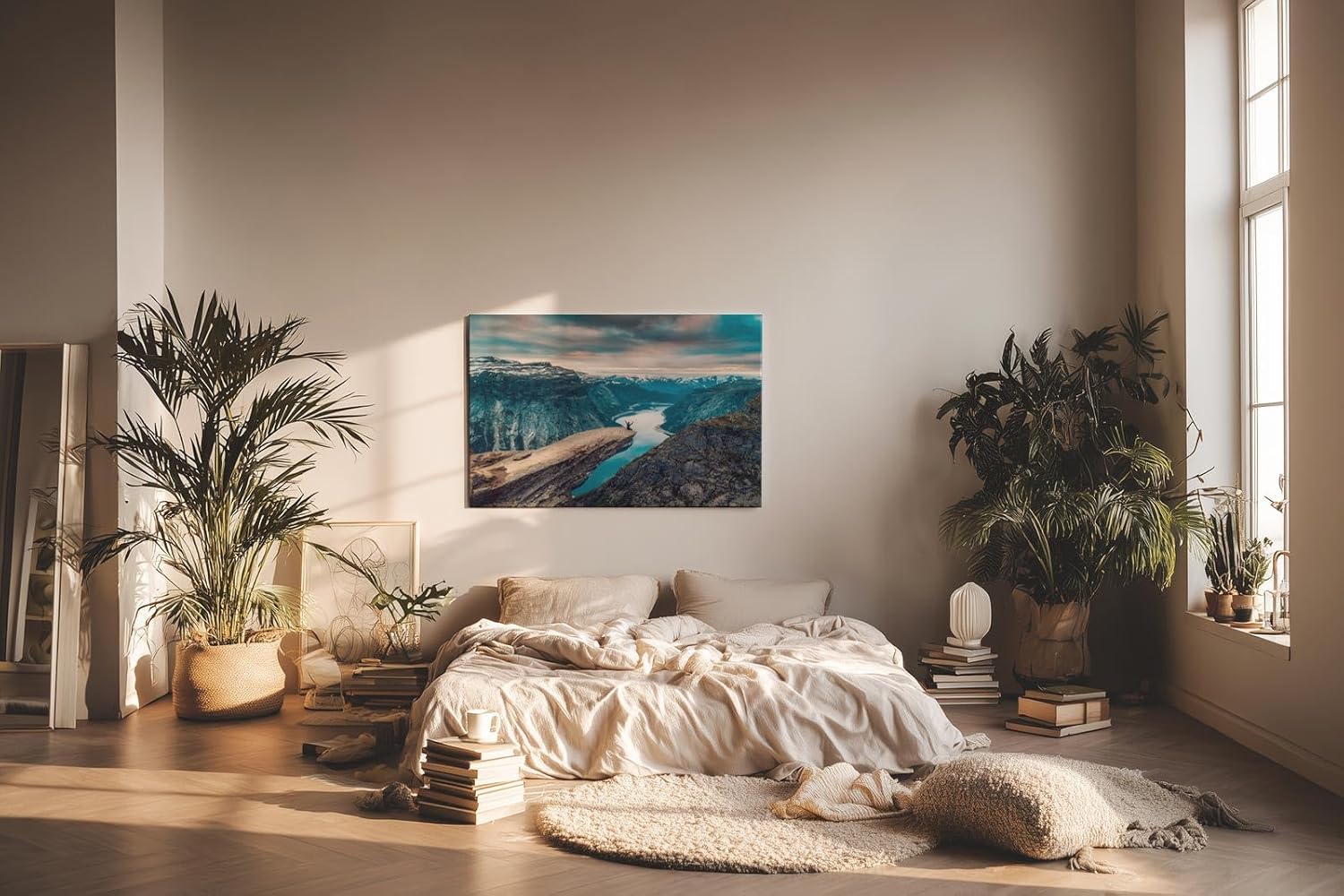 Sinus Art Wandbild 120x80cm Beeindruckende Aussicht auf norwegisches Fjordtal mit mutiger Person auf Felsvorsprung