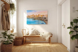 Sinus Art Wandbild 120x80cm Pastellfarbene Häuserzeile an der Küste vor türkisblauem Meer – mediterranes Flair pur