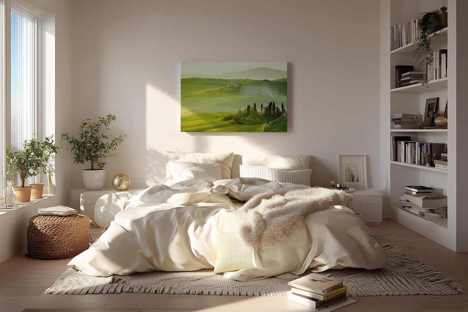 Sinus Art Wandbild 120x80cm Traumhafte Aussicht über die grünen Hügel der Toskana im frühen Sonnenlicht