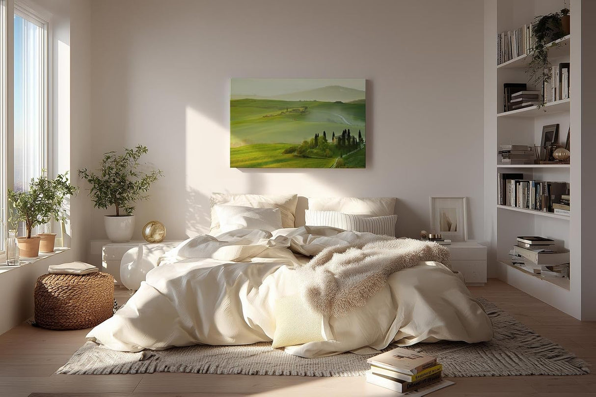 Sinus Art Wandbild 120x80cm Traumhafte Aussicht über die grünen Hügel der Toskana im frühen Sonnenlicht