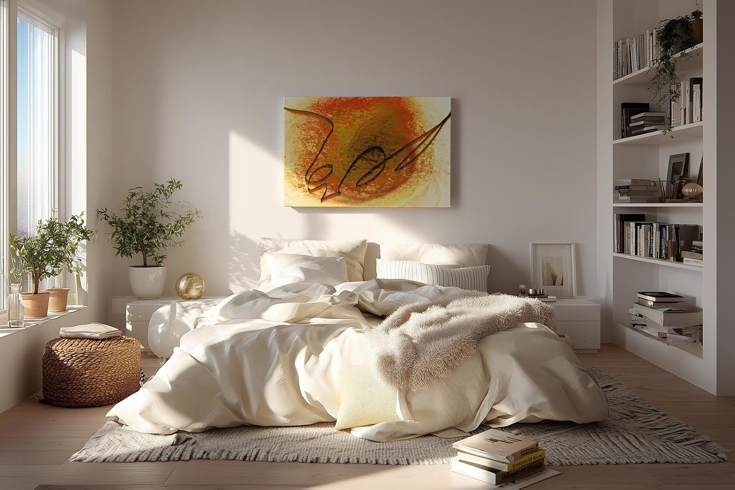 Sinus Art Wandbild 120x80cm Kreisförmige Strukturen in Orange und Gelb mit zentraler schwungvoller schwarzer Linie