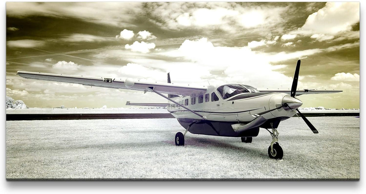 Vintage Flugzeug ca. 130x70cm Wandbild inklusive Schattenfugenrahmen weiss - Panorama Leinwand Bild XXL Format Wandbilder Wohnzimmer Wohnung Deko Kunstdrucke