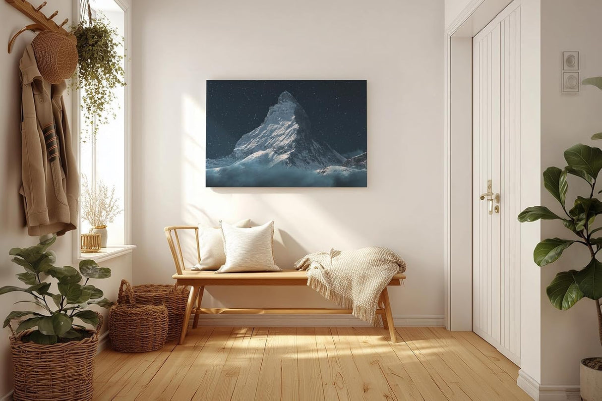 Sinus Art Wandbild 120x80cm Silbrig schimmernder Gipfel des Matterhorns vor dunklem Nachthimmel