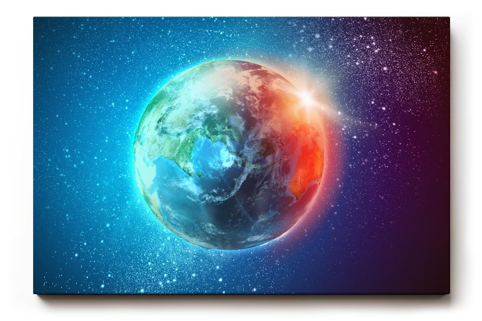Sinus Art Wandbild 120x80cm Leuchtender Erdball vor funkelndem Sternenhimmel mit realistischer Tiefe